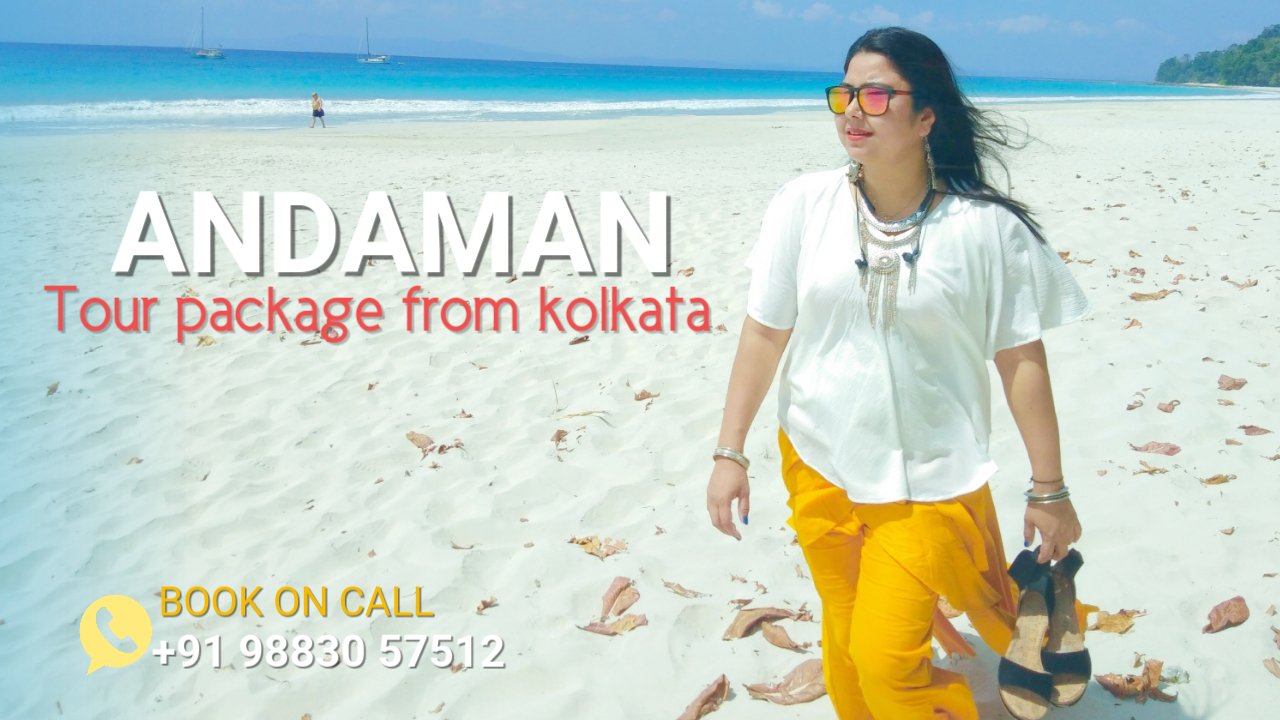 Andaman-and-Nicobar-Tour-Package-from-Kolkata Scenic view of Andaman beach with calm turquoise waters, palm trees, and traveler enjoying the peaceful holiday – Andaman Tour Package from Kolkata.